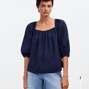 Madewell Navy Square-Neck Puff Sleeve Blouse
